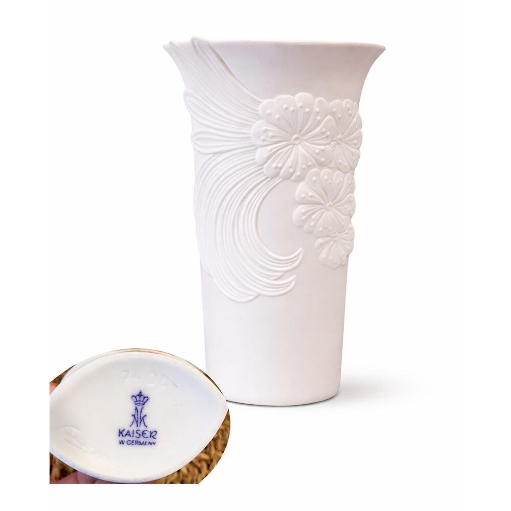 Kaiser Porcelain Vase West Germany white bisque floral relief mid century modern